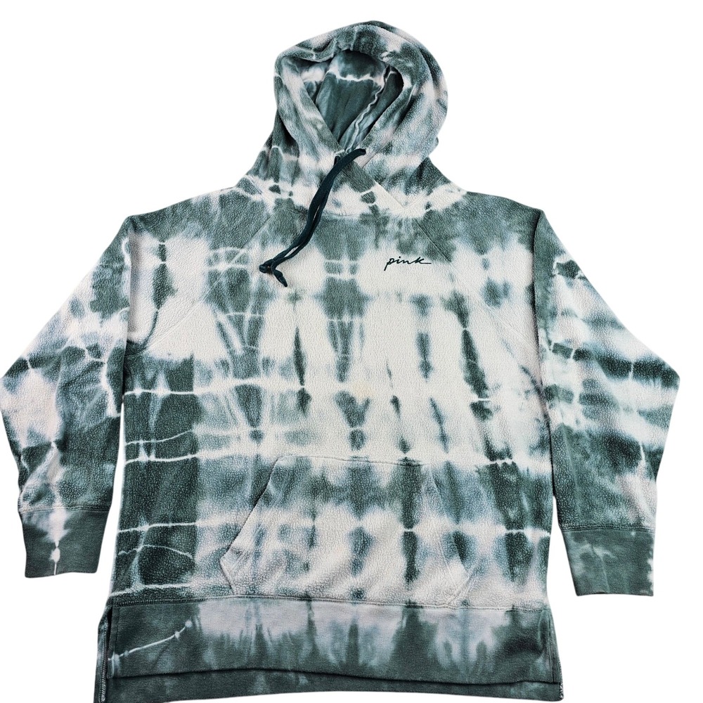 PINK Victoria's Secret Hoodie Women Small Green & White‎ Tie Dye Pullover